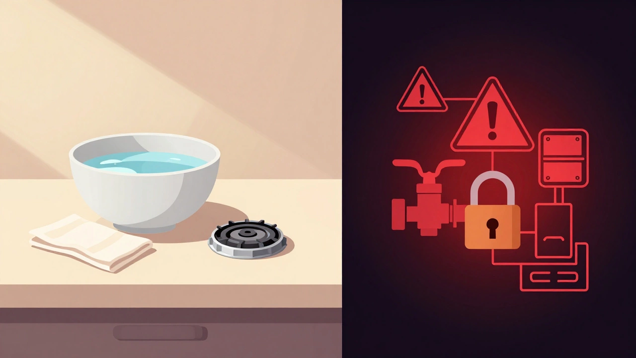 Conceptual split image comparing simple DIY cleaning tools versus complex gas repair hazards