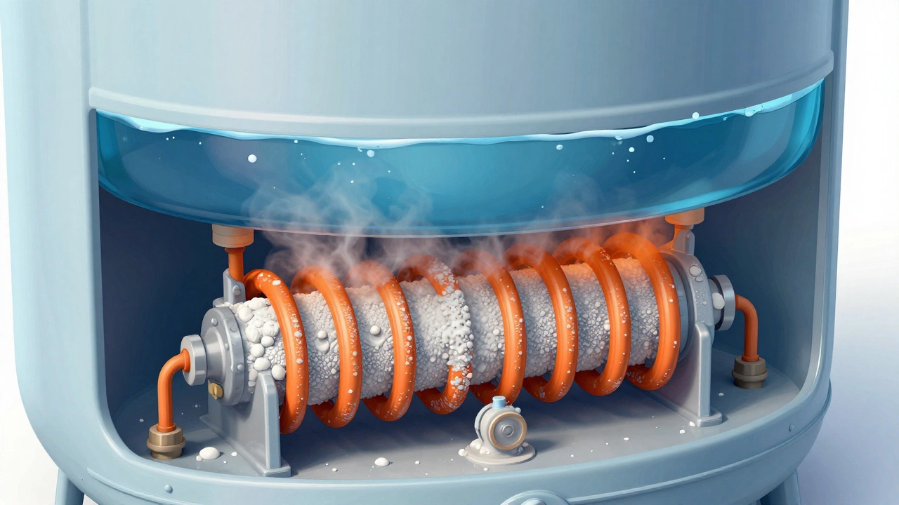 Cross-section of hot water tank showing limescale on heating element