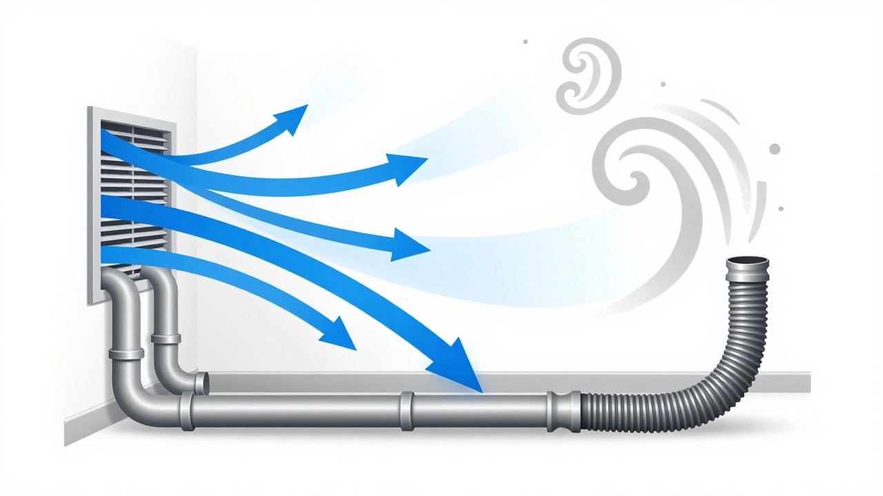 Diagram illustrating airflow through rigid and flexible ventilation ducts