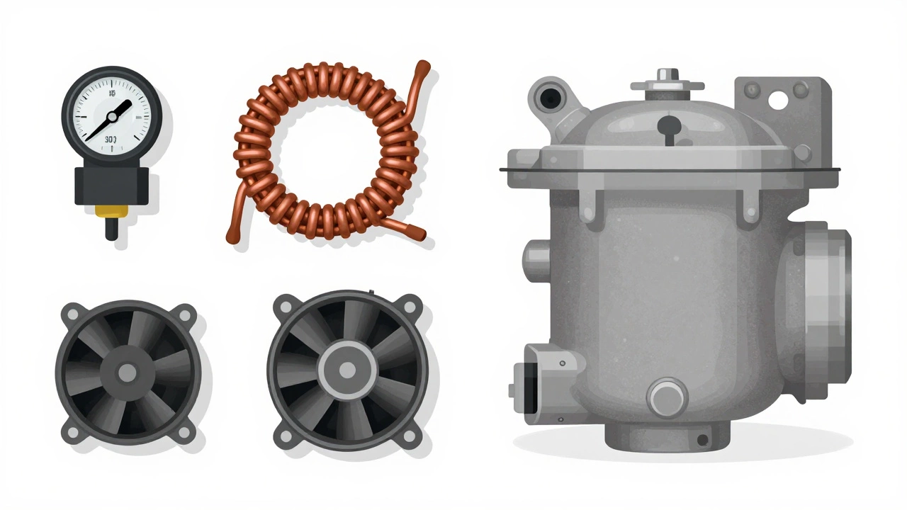 Disassembled freezer parts including compressor and thermostat