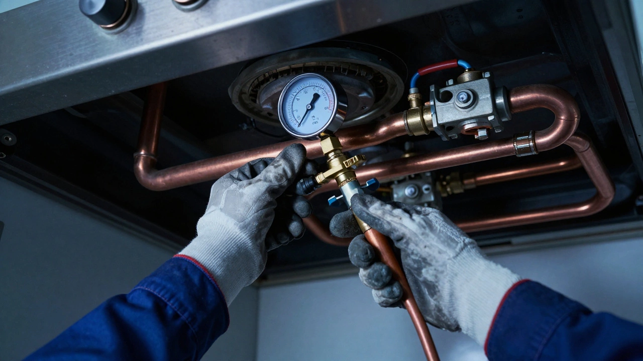 Engineer testing internal gas valves and lines under a cooktop with tools