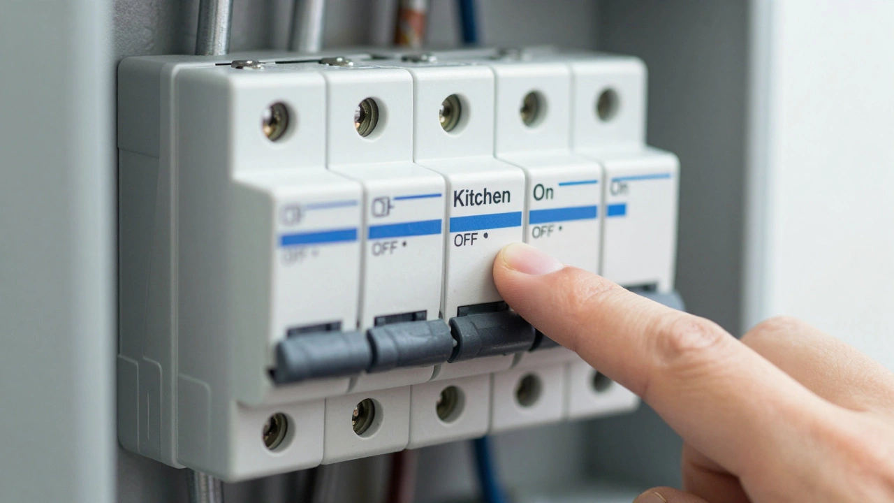 Hand resetting a kitchen circuit breaker on a fuse box