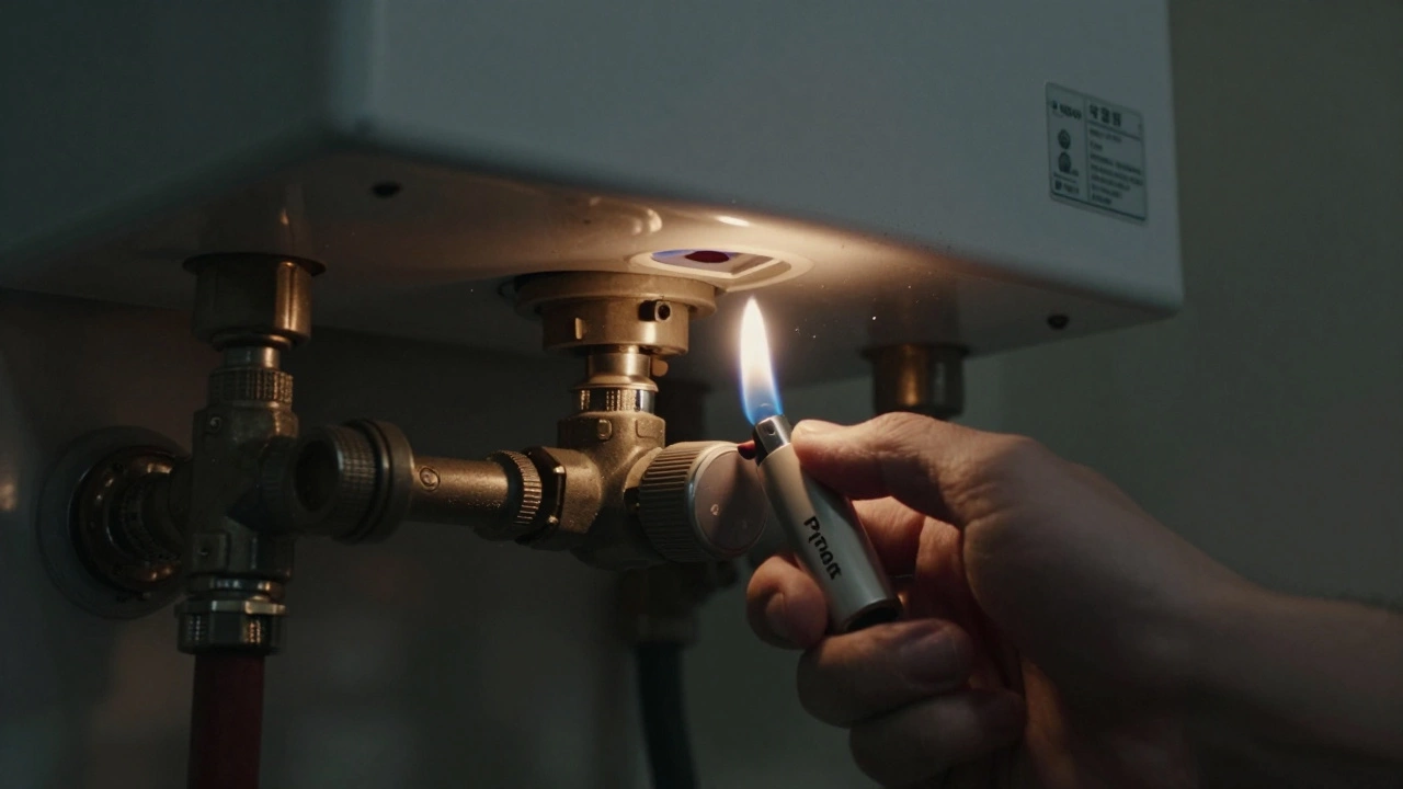Hand turning gas water heater knob to pilot while igniting flame with lighter