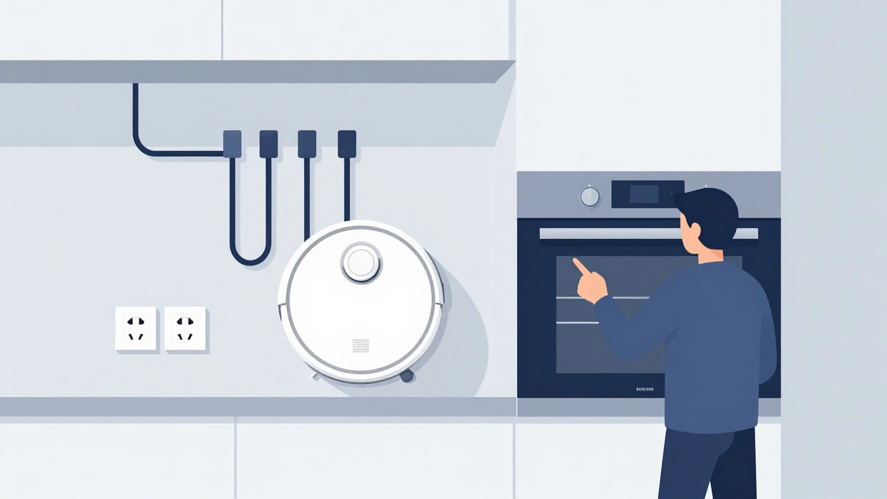 Homeowner comparing a portable robot vacuum to a built-in oven in a stylized home