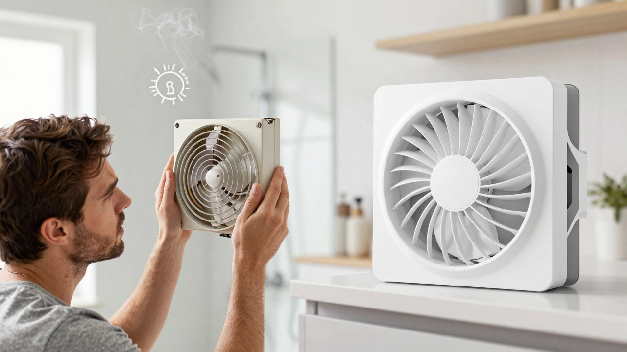 Homeowner comparing old faulty fan with new replacement unit in bright kitchen