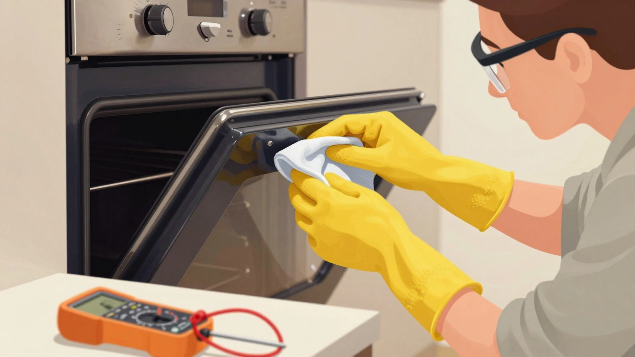Homeowner safely cleaning an oven door seal with gloves and tools nearby.