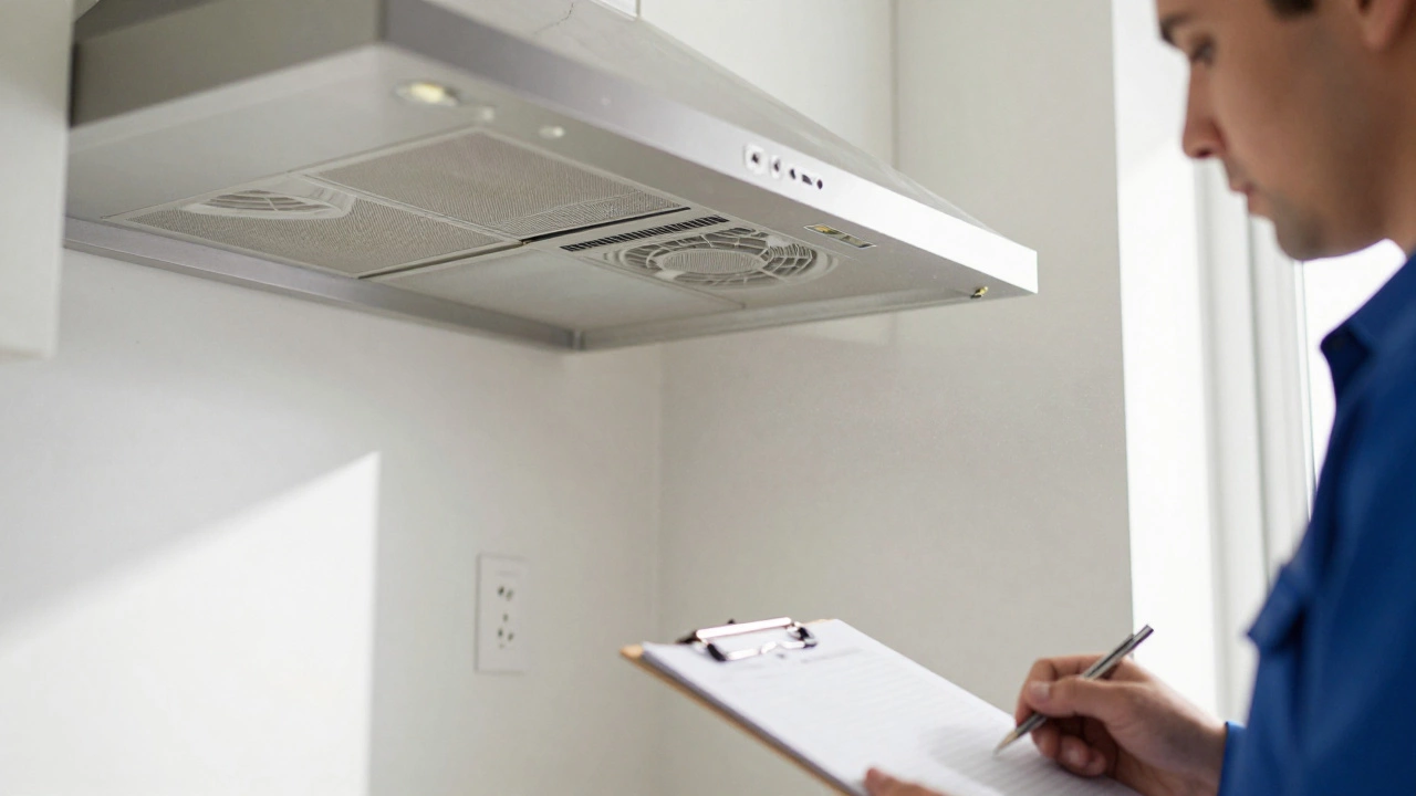 Inspector checking kitchen ventilation compliance during home visit