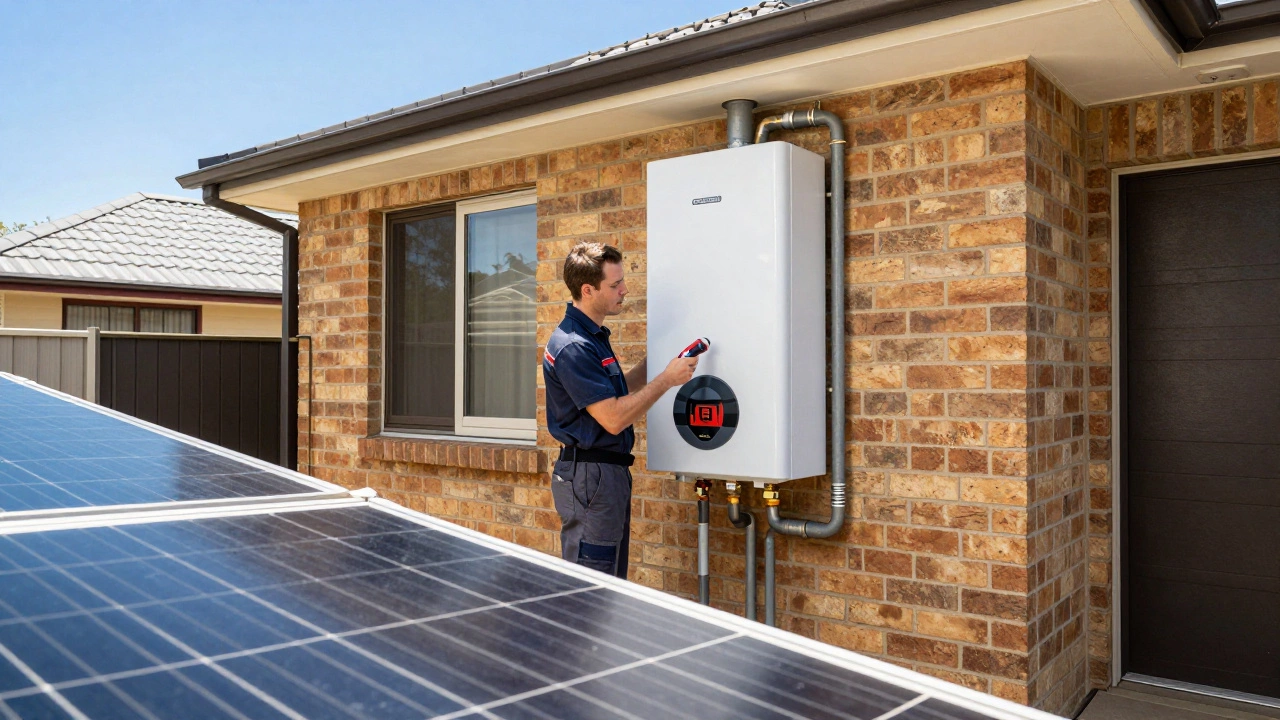 Plumber inspecting outdoor gas hot water system in backyard