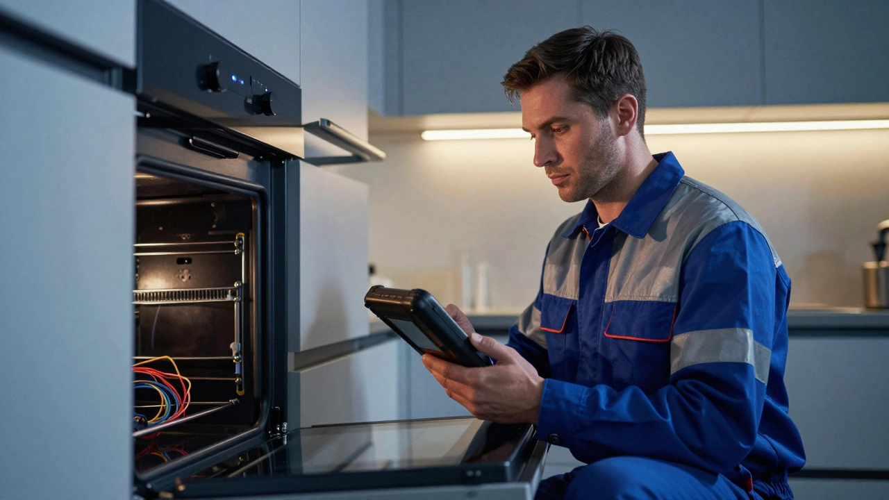 Professional technician diagnosing an oven's internal components.