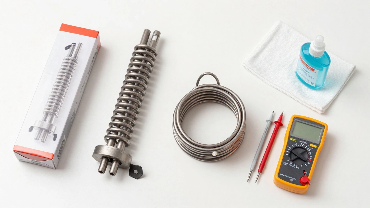 Removable heating coils and safety tools laid out for DIY appliance repair