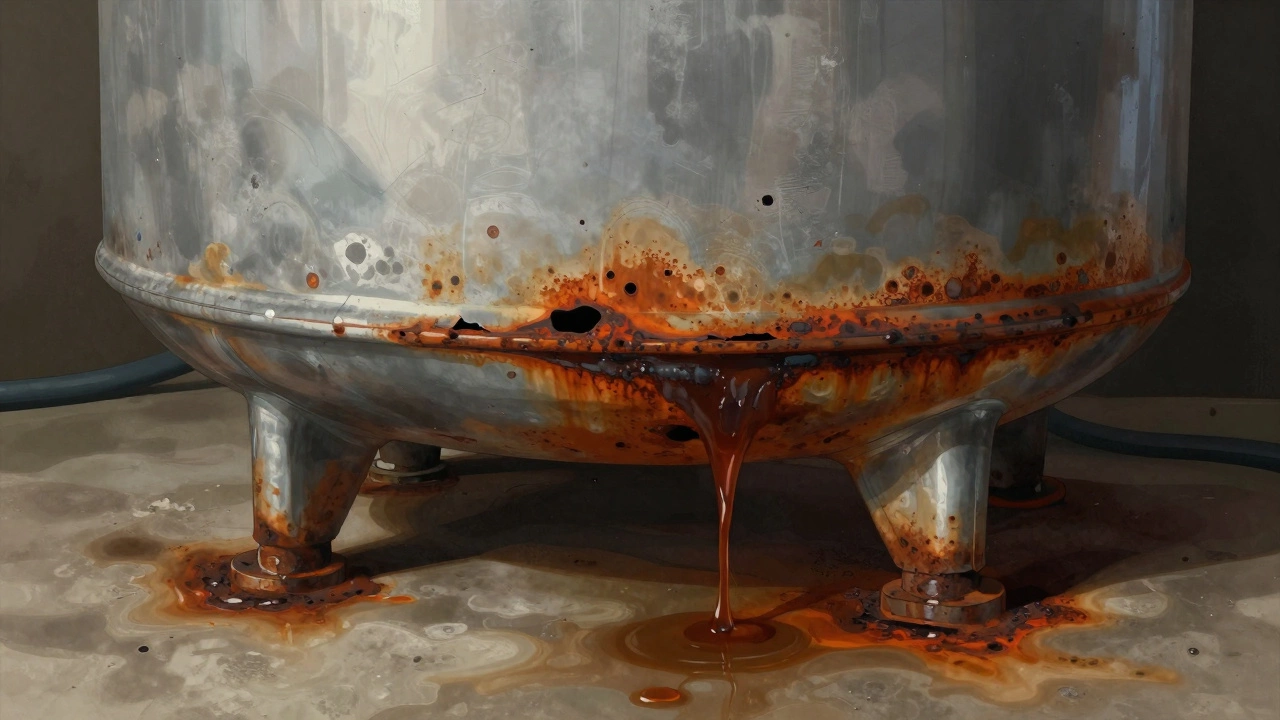 Rusty water leaking from corroded bottom of tank