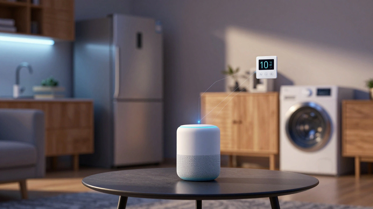 Smart speaker connected via light beams to various household appliances in a modern room