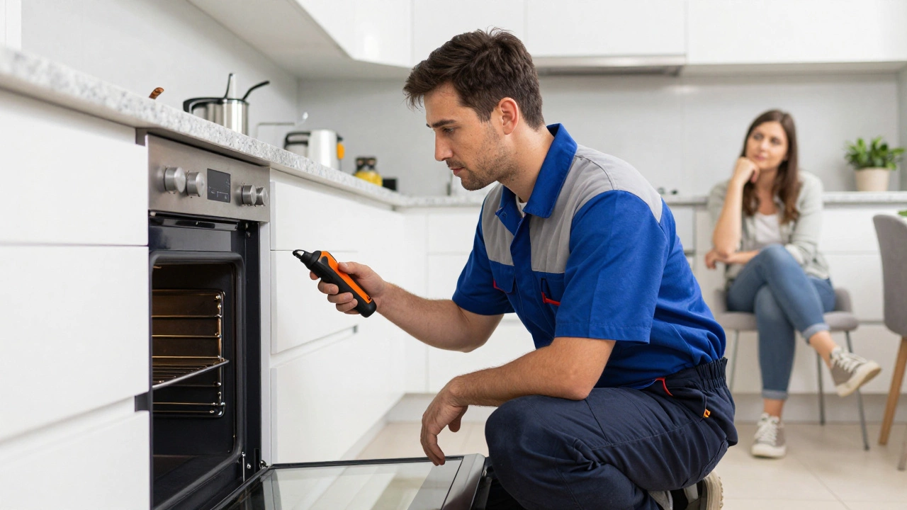 Technician inspecting an oven interior in a bright kitchen