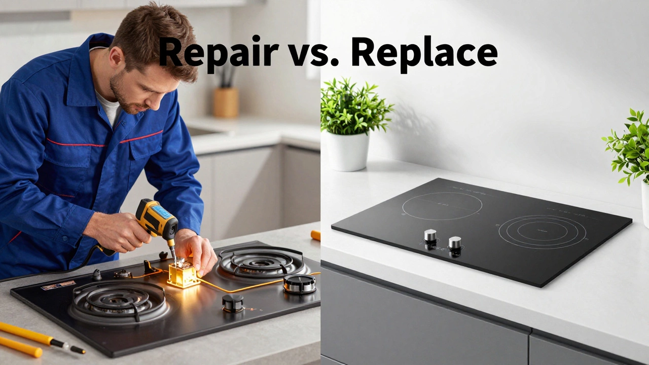 Technician repairing a hob versus a new induction cooktop in a modern kitchen