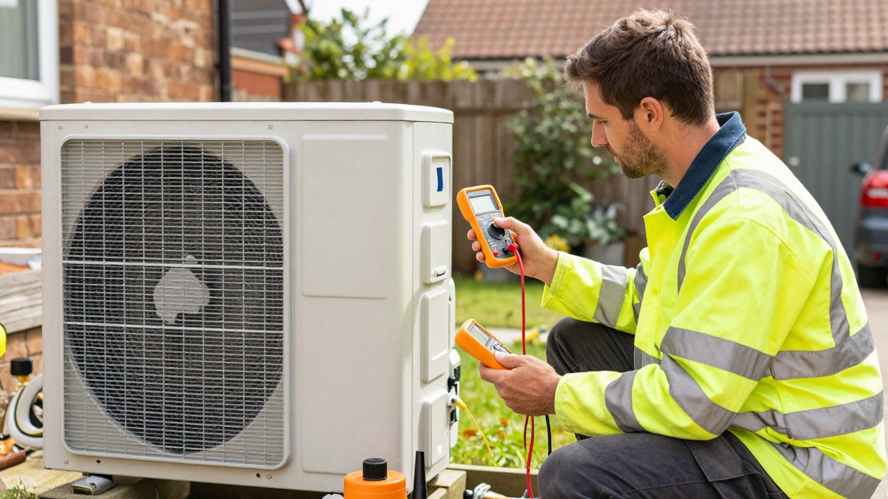 Technician servicing an outdoor heat pump unit