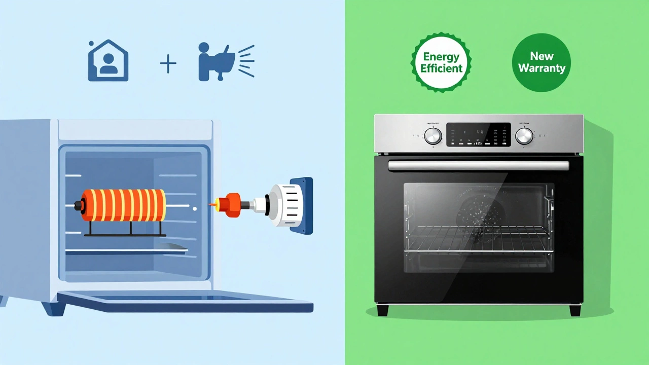 Vector illustration comparing oven repair costs versus buying new