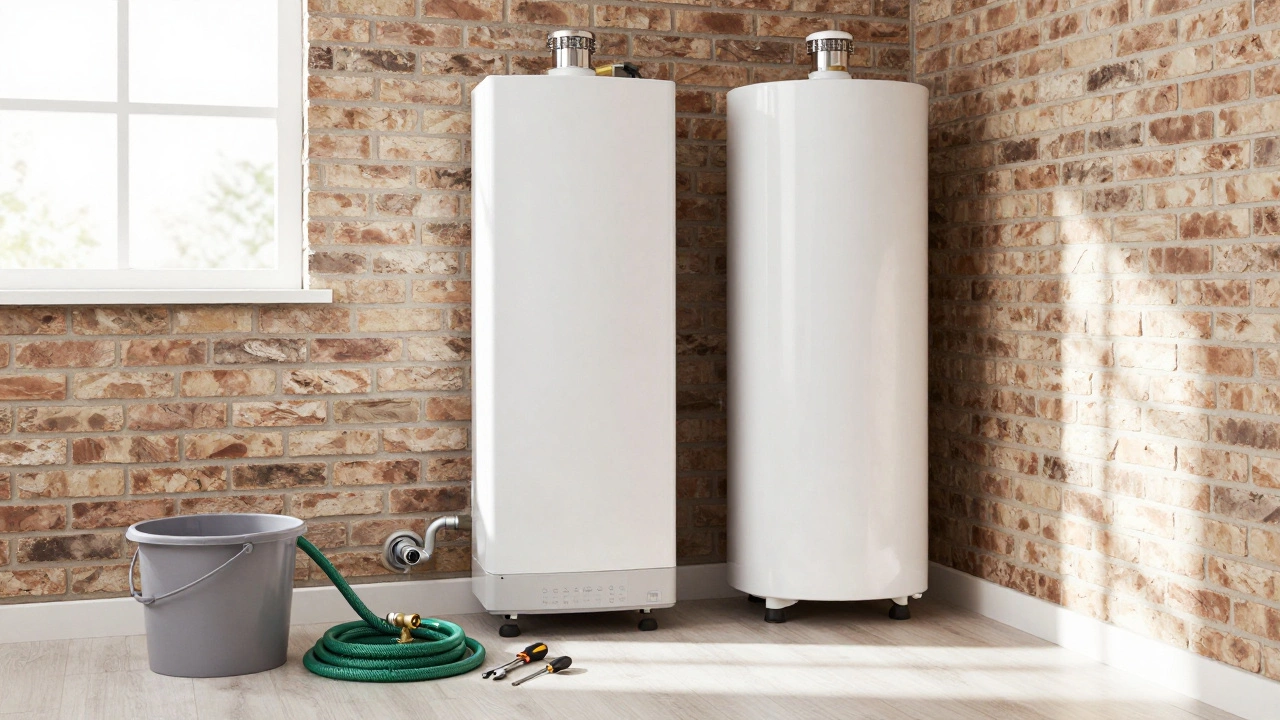 Water heaters in utility room with tools and hose ready for maintenance
