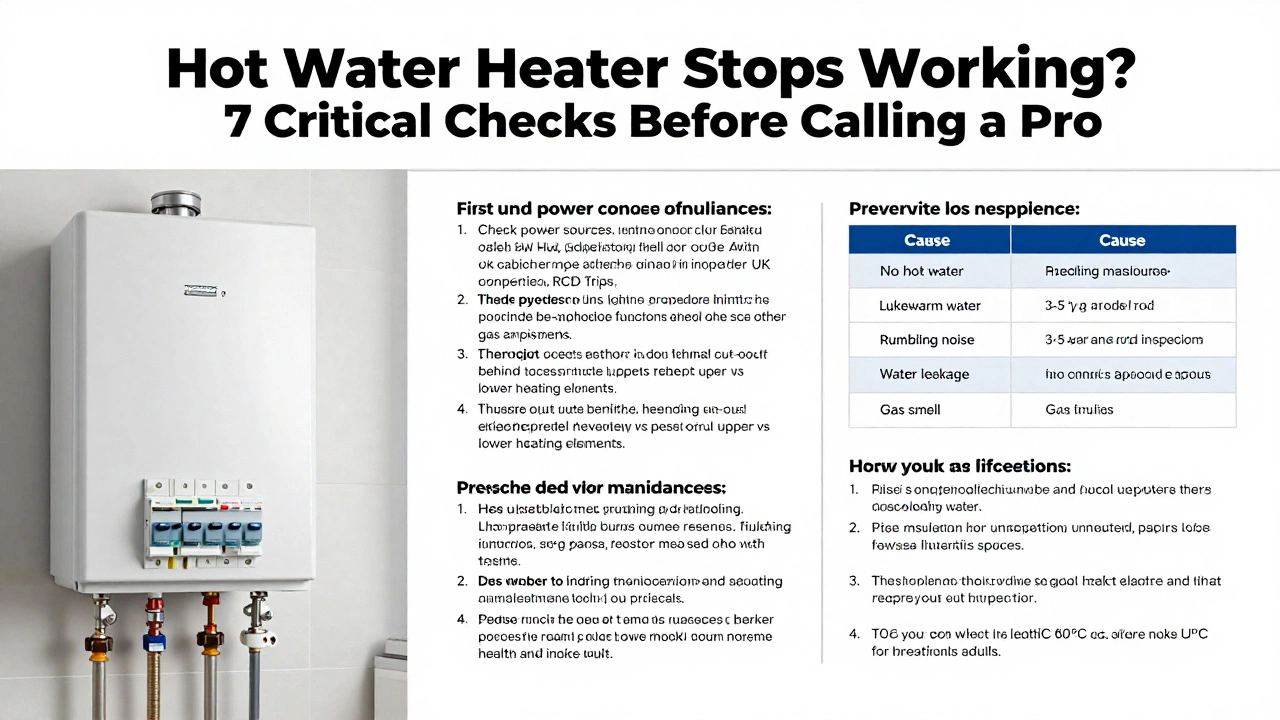 An illustration of a homeowner safely checking a circuit breaker panel labeled 'Hot Water' and resetting a tripped switch, with safety warnings about dry hands and floors.