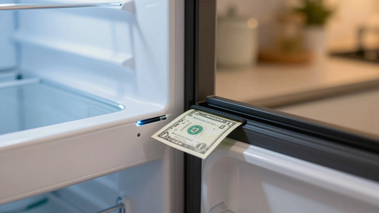 Banknote partially tucked into freezer door seal to test for gaps