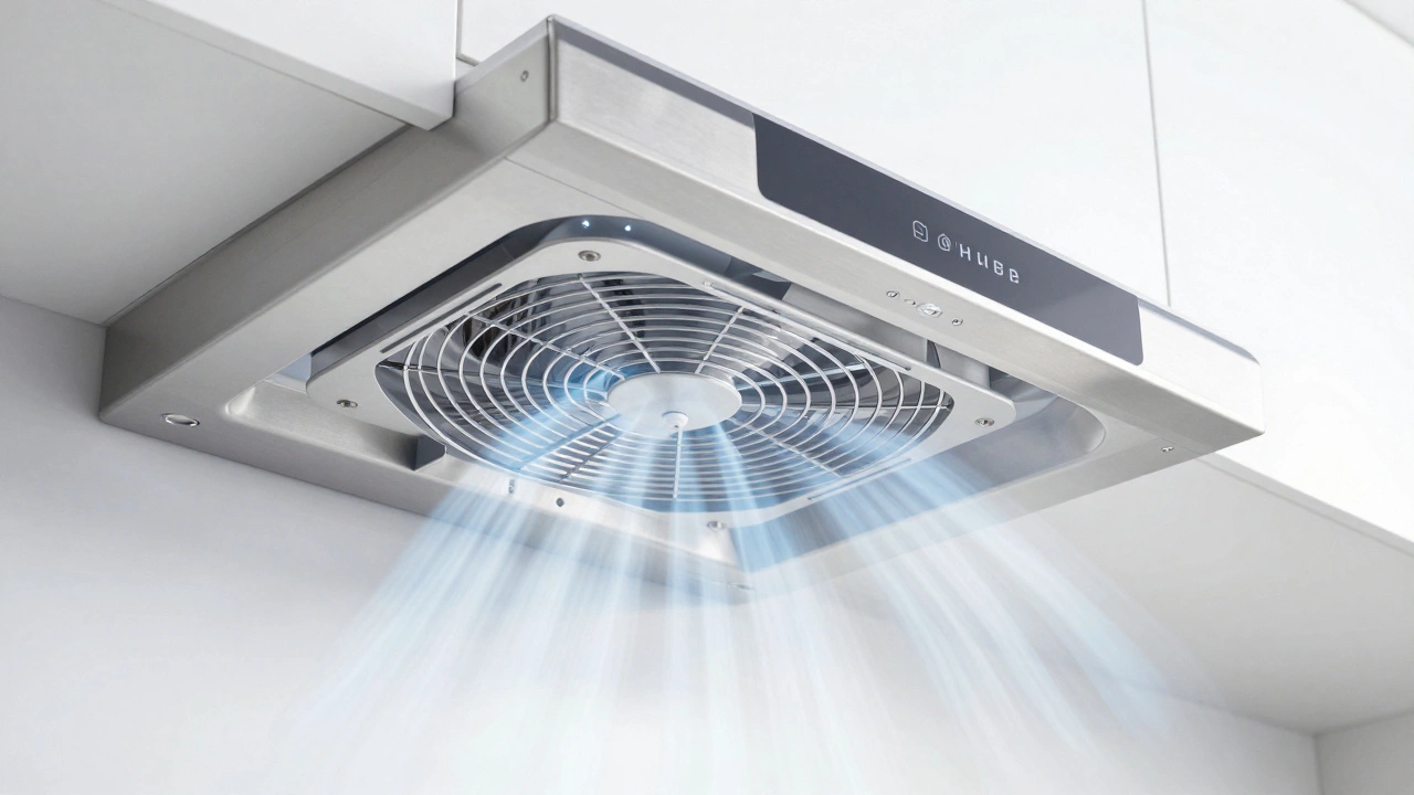 Clean, modern stainless steel extractor fan above a cooktop with visible airflow.