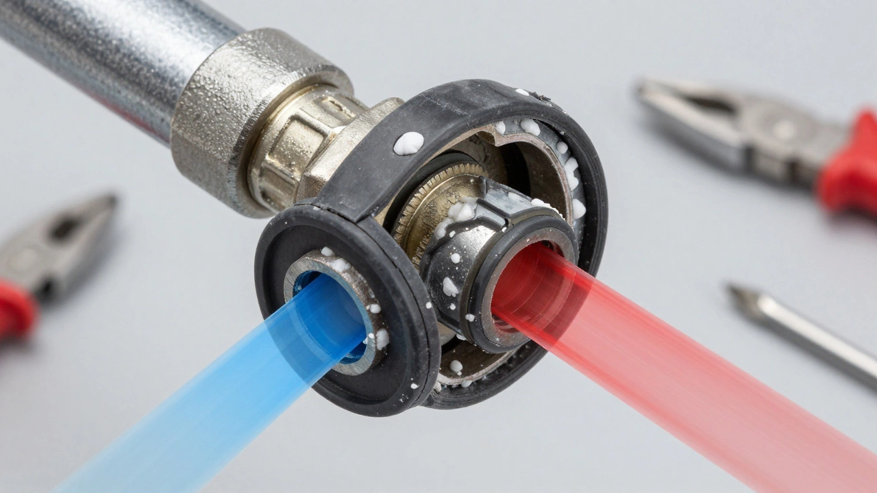 Close-up of clogged shower valve with limescale buildup