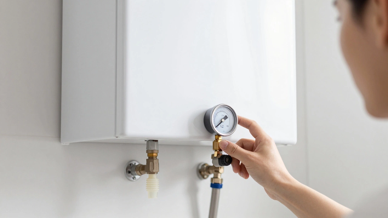 Close-up of homeowner checking pressure gauge on a modern gas boiler