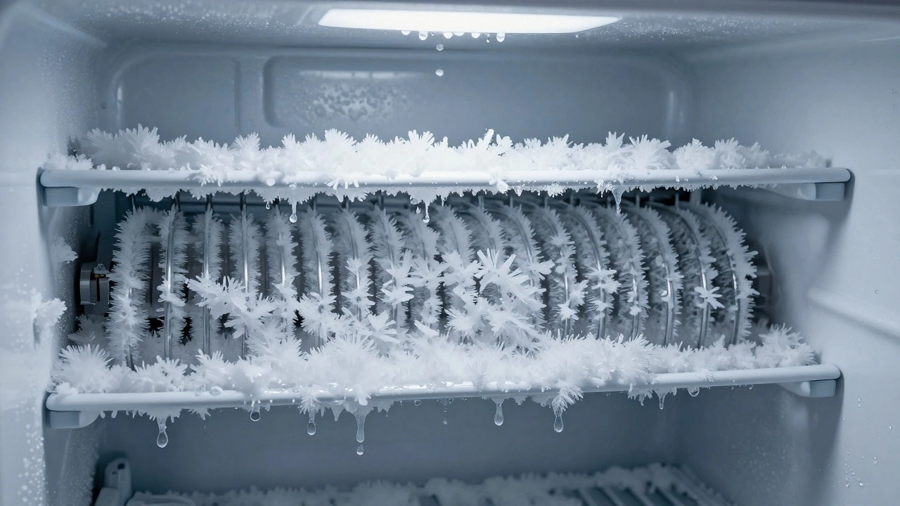 Close-up of thick frost and ice buildup on freezer evaporator coils