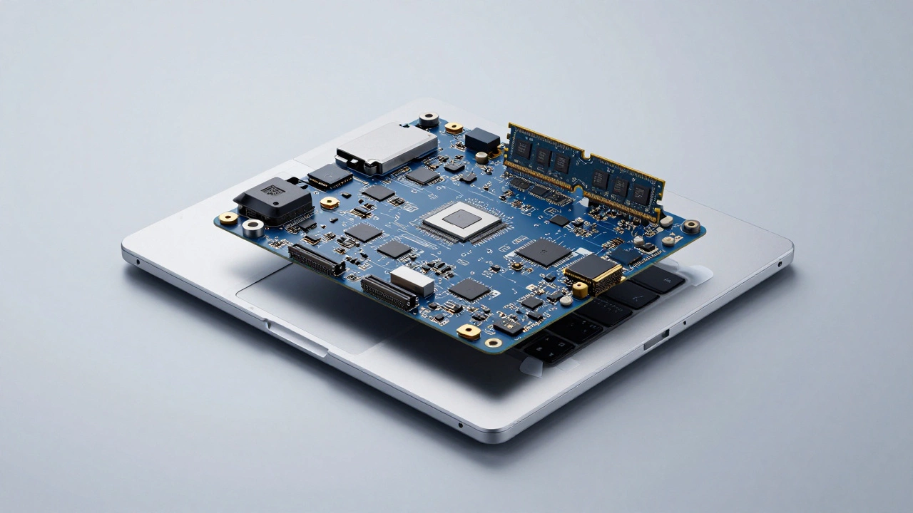 Exploded view of a laptop showing fused components and adhesives instead of screws.
