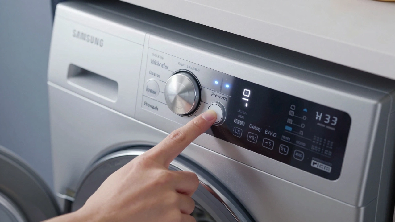 Fingers pressing reset button combination on washing machine panel