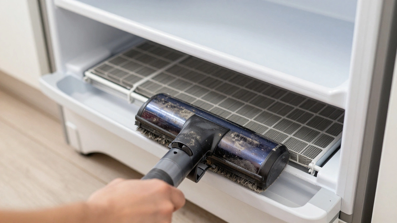Hands cleaning dusty condenser coils under a refrigerator