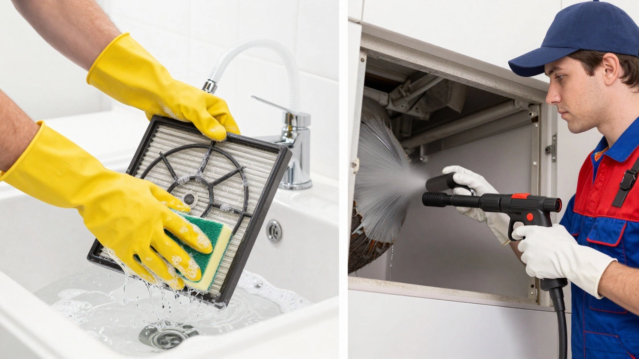 Homeowner washing a fan filter in a sink next to a pro cleaning ducts with tools.