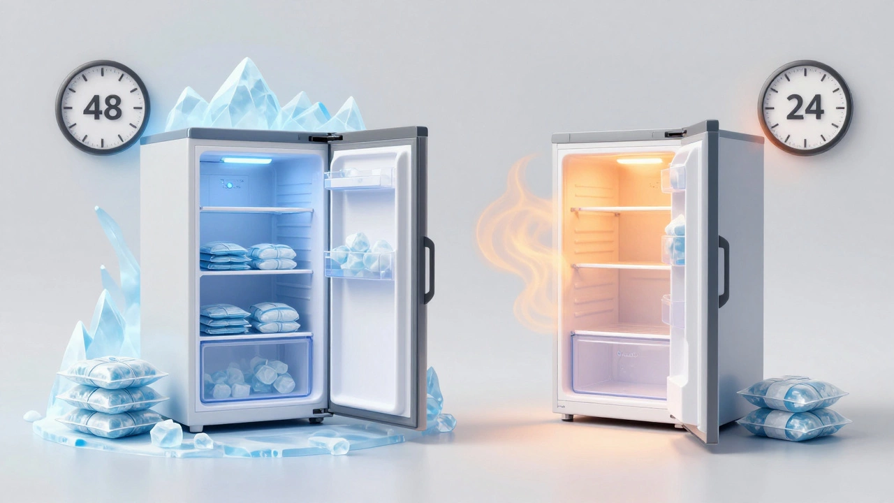 Illustration comparing cold retention in full vs half-full freezers