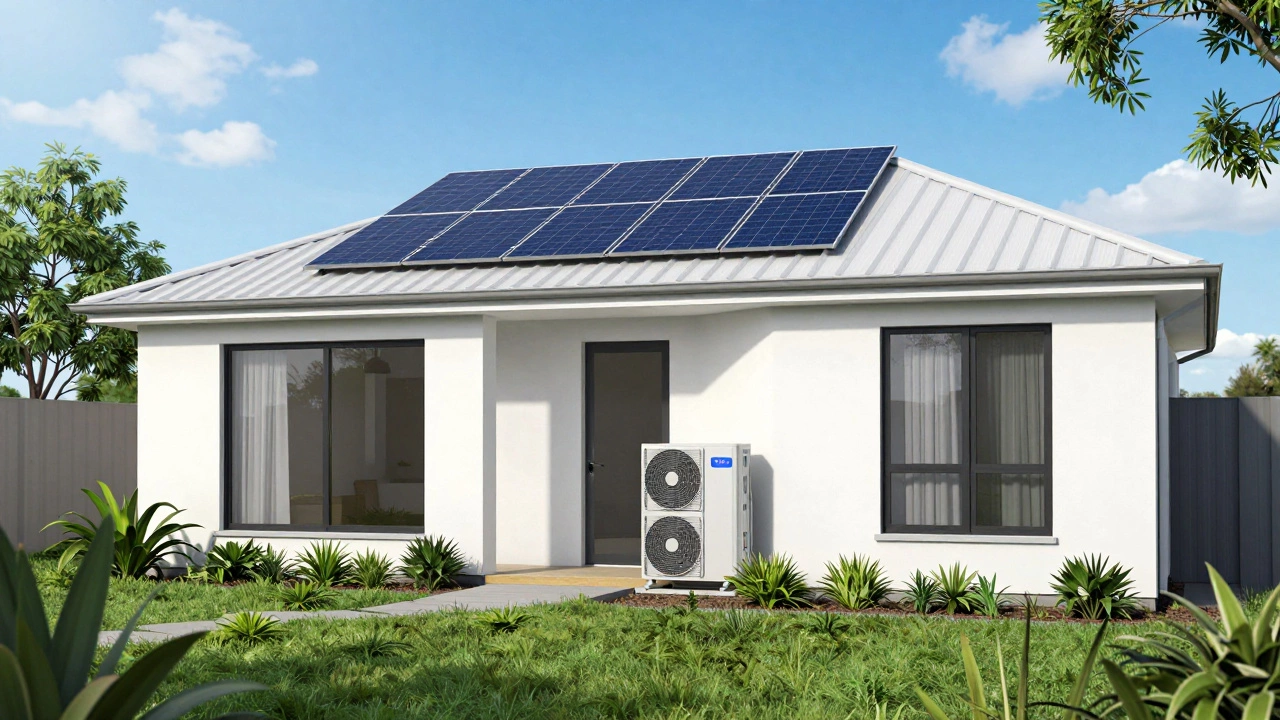 Modern eco-home with solar panels and heat pump