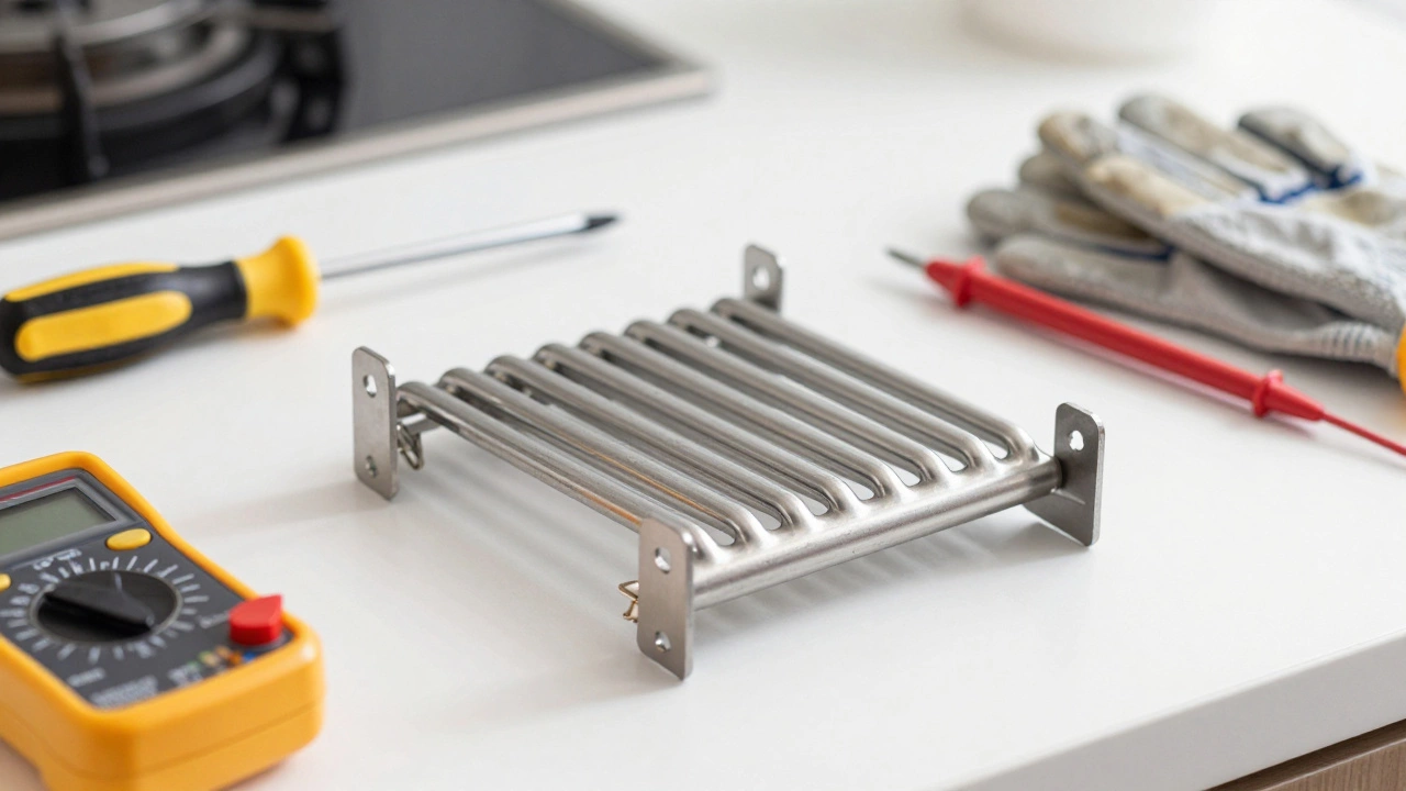 New oven heating element and repair tools on a kitchen counter