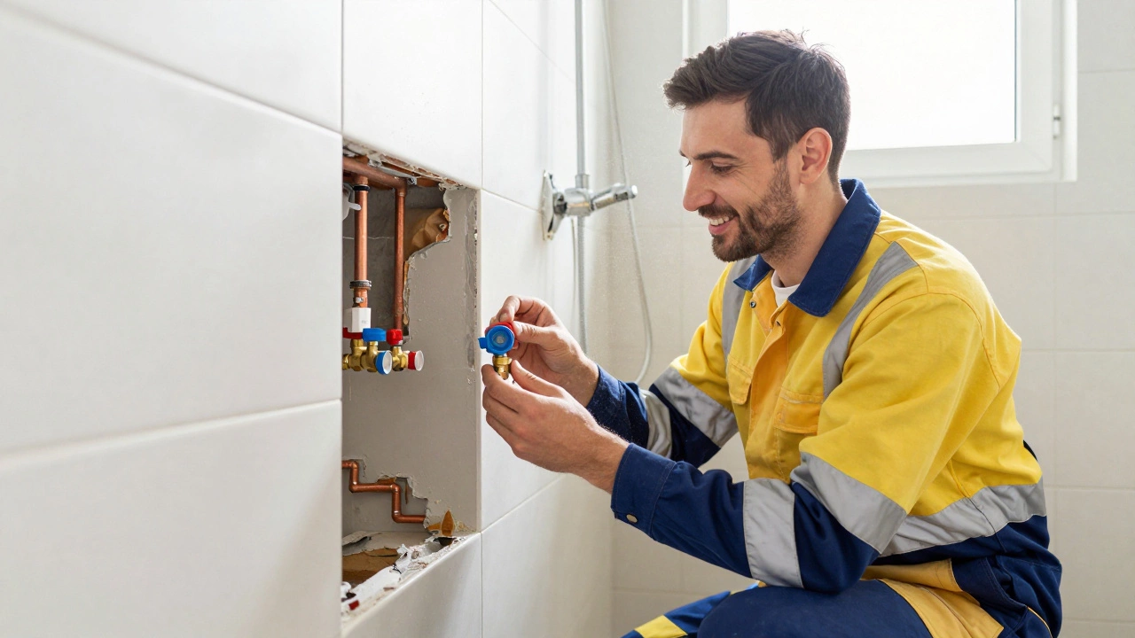 Plumber inspecting a thermostatic mixing valve in a wall