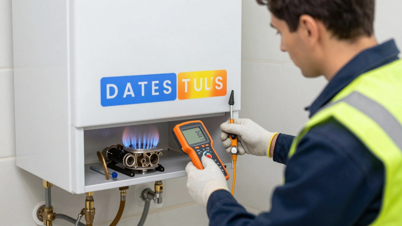 Professional engineer using specialized tools to service a gas boiler