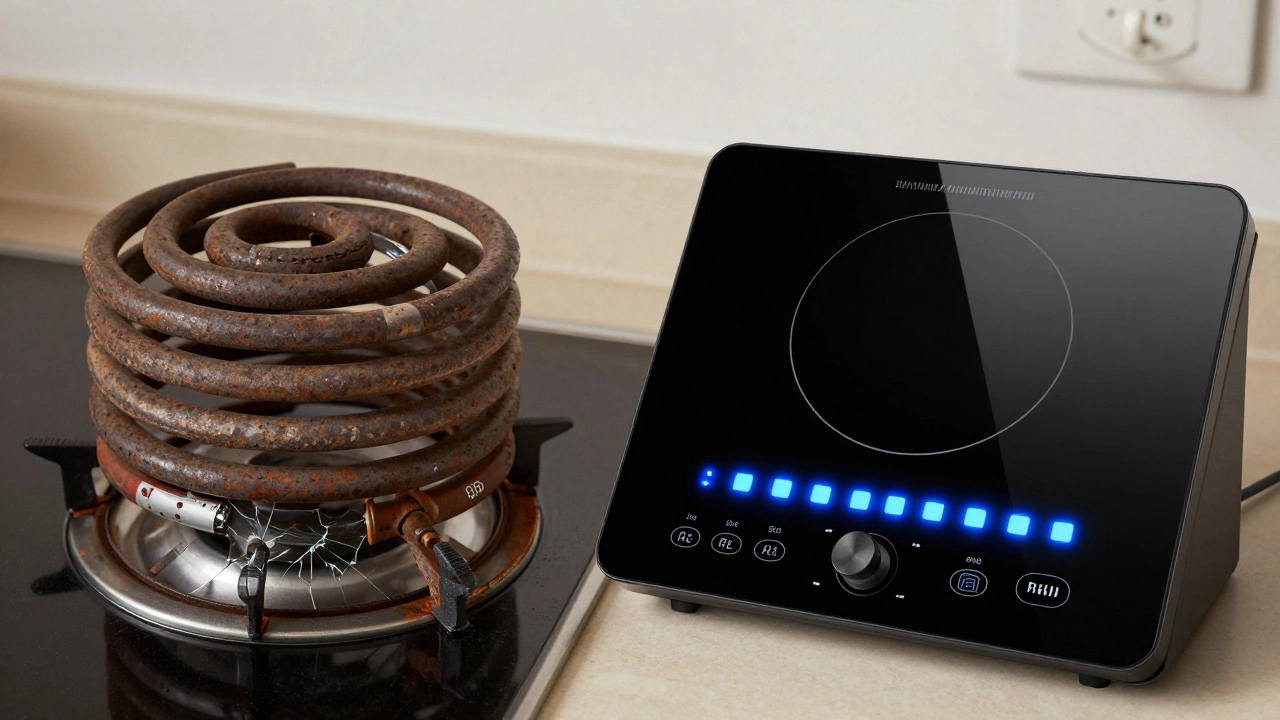 Split view contrasting an old, damaged electric coil element with a new, efficient induction cooktop.