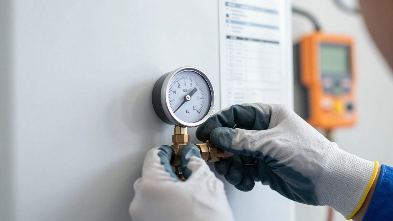 Technician adjusting pressure gauge on gas boiler