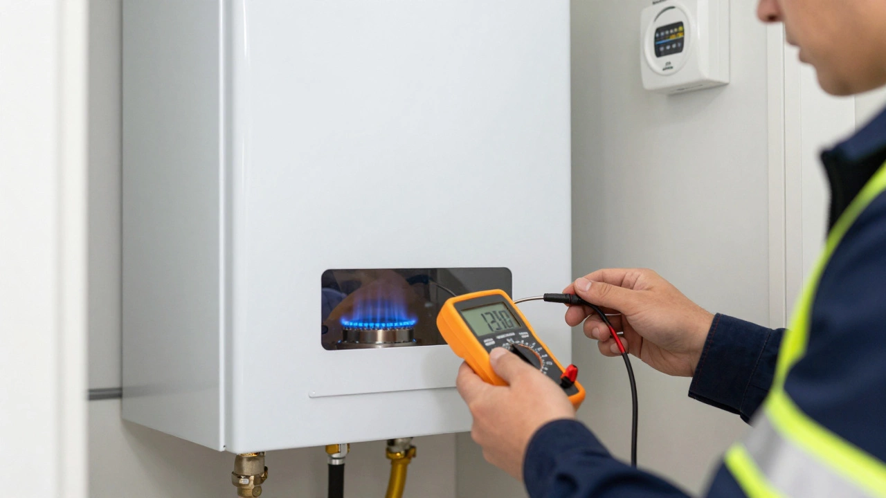 Technician installing a new condensing boiler with blue flames visible
