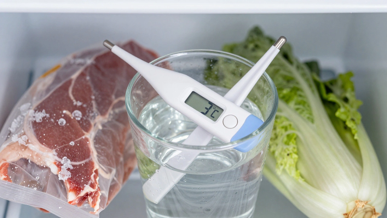 Thermometer in water inside a freezer checking food temperature