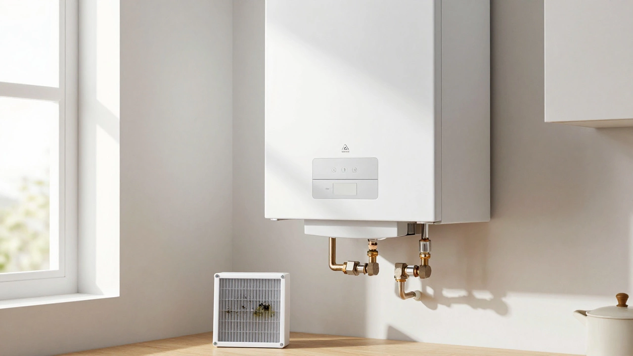 Clean boiler installation with clear airflow and magnetic filter on pipe