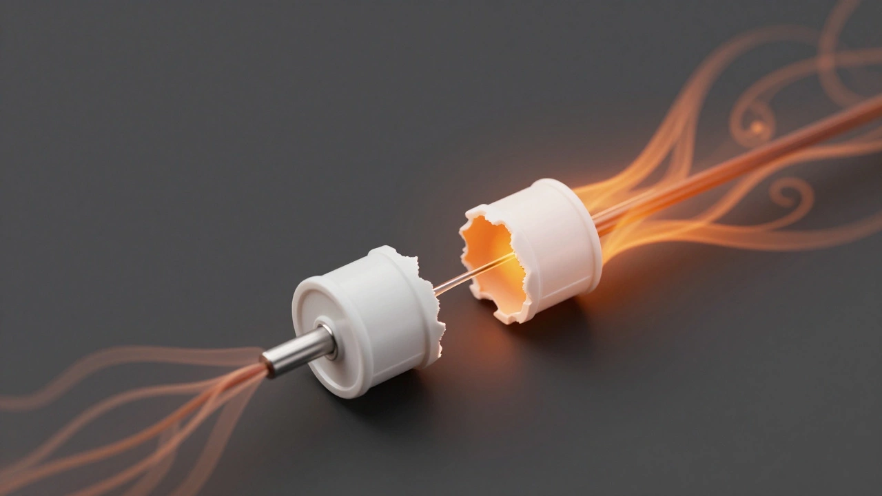 Close-up of a melted thermal fuse filament indicating circuit failure