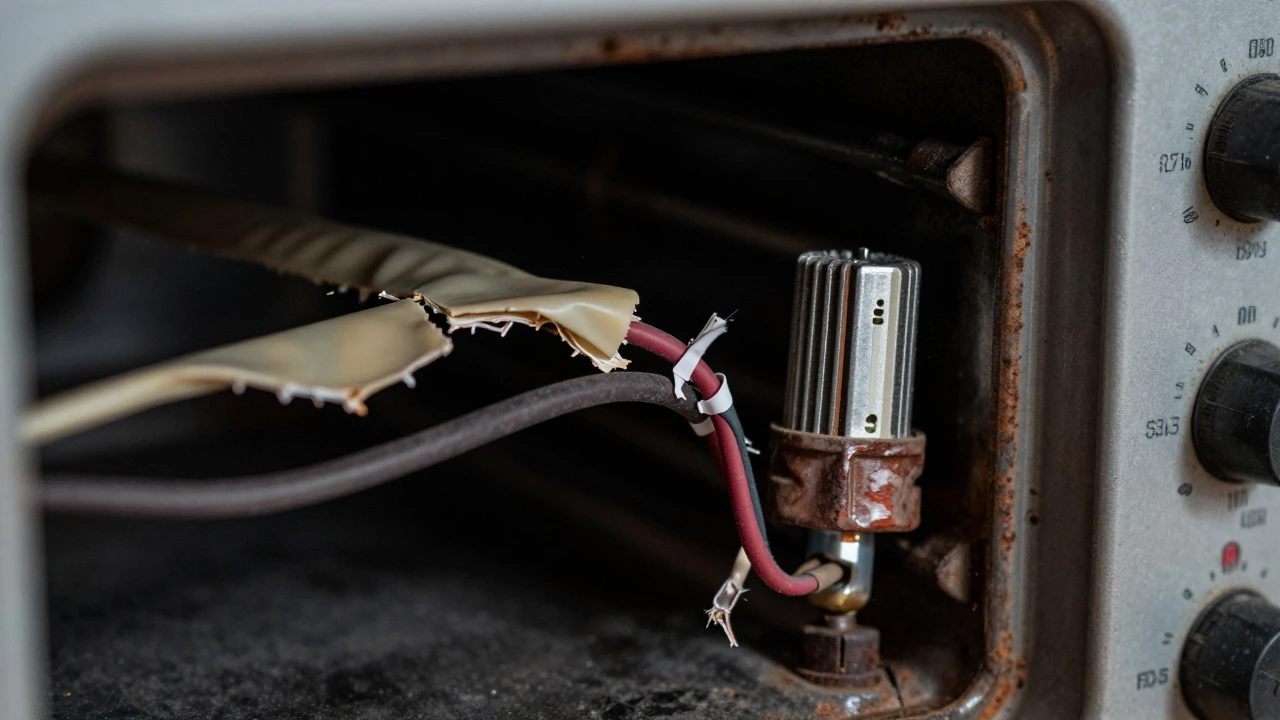 Close-up of damaged wiring and sensor inside old oven