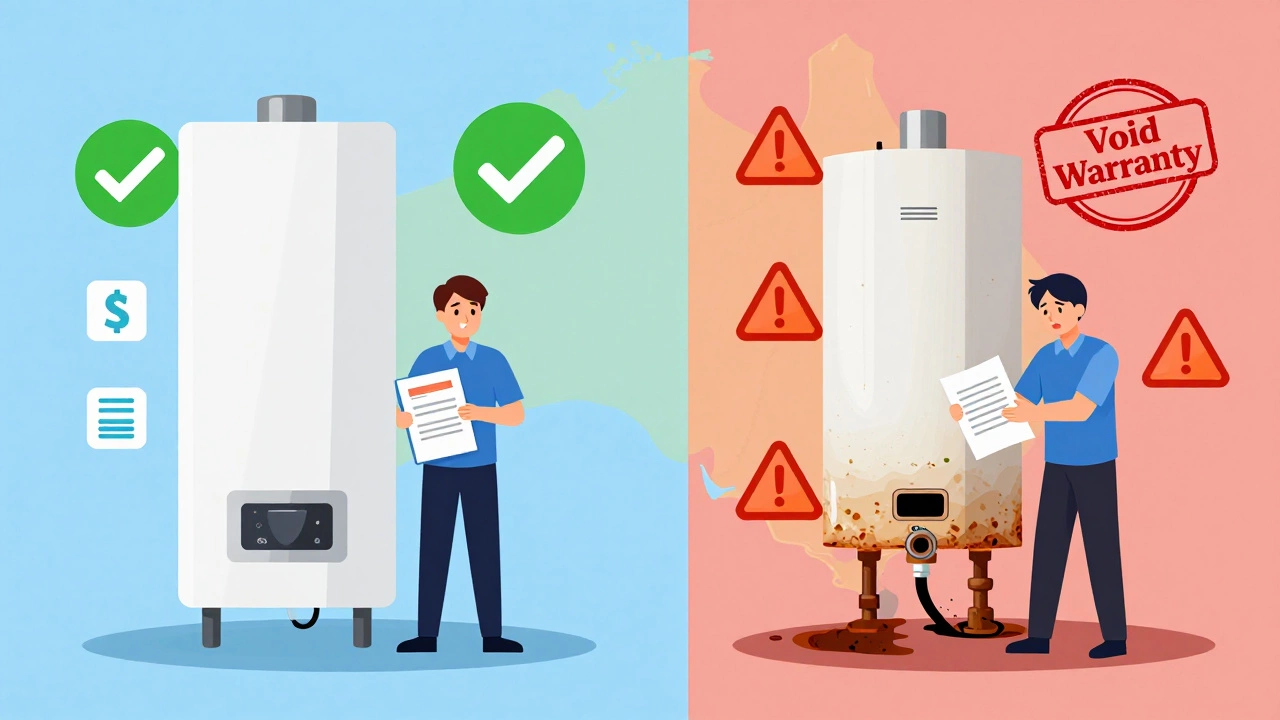 Comparison illustration of serviced vs neglected boiler costs and warranty status