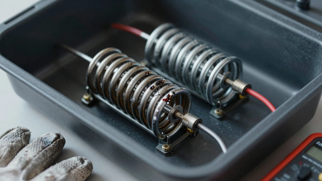 Cracked and blistered oven heating element beside a new replacement part and tools.