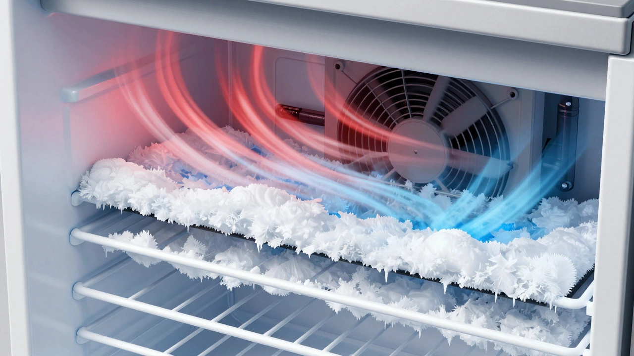 Cross-section showing ice buildup blocking freezer evaporator coils