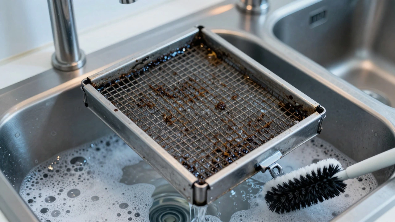Dirty kitchen range hood filter being washed in soapy water