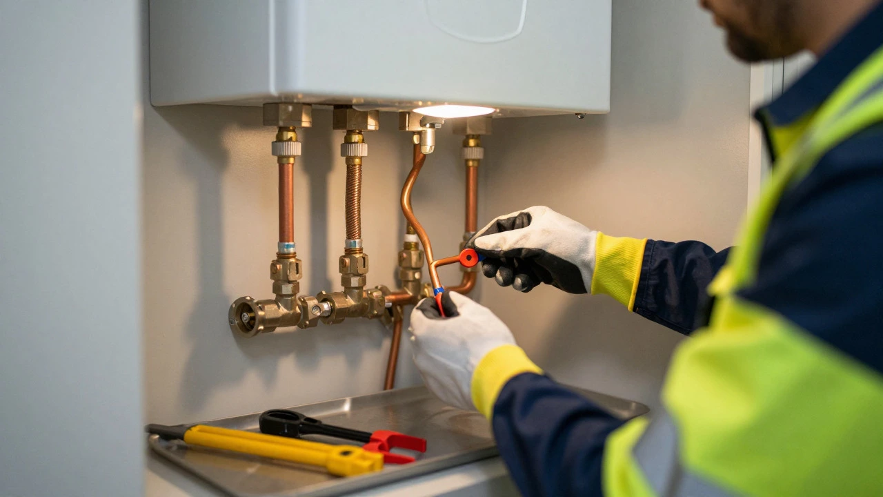 Engineer installing boiler, focusing on pipes and safety equipment.