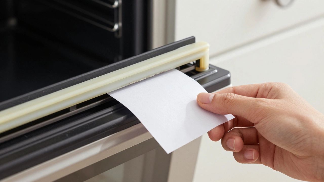 Hand performing paper test on oven door seal to check for heat leaks.