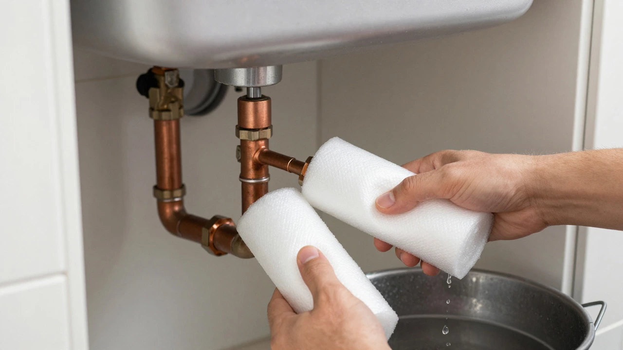 Hands wrapping foam insulation around pipes under sink with dripping faucet